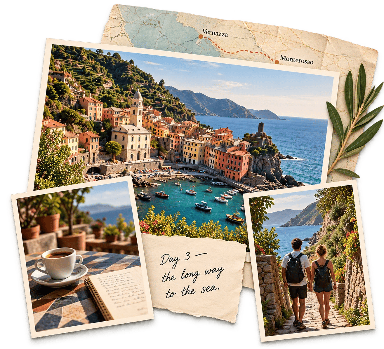 A travel scrapbook of the Italian coast: Vernazza, a coffee and notebook, two hikers, and a handwritten note: Day 3 — the long way to the sea.