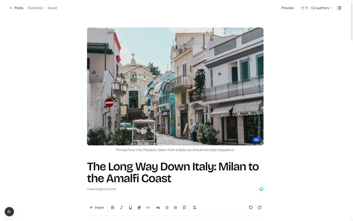 Ploros editor showing a published Italy story with its feature image, title, and writing toolbar